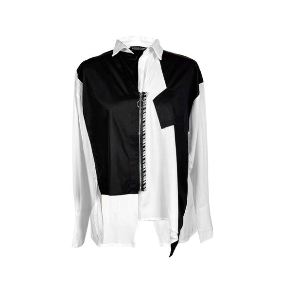 Women's Black White Long Sleeve Shirt Size XL Asymmetrical Michael Tyler NWT - Picture 1 of 4